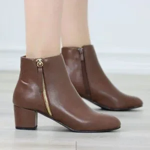 Shoes Womens Ankle Boots Low Block Heel Brown Synthetic Leather